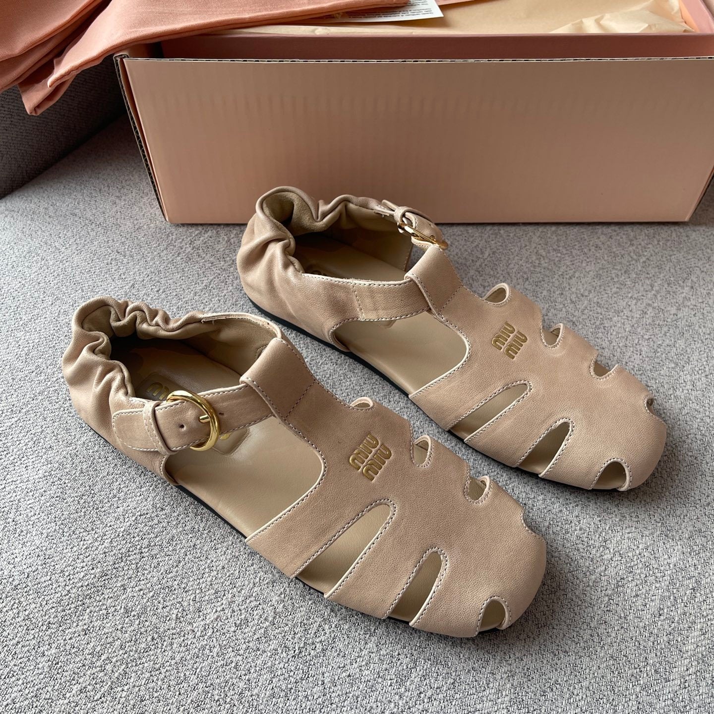MiuMiu Briarwood Ruches Nappa Leather Fisherman Sandals #383957