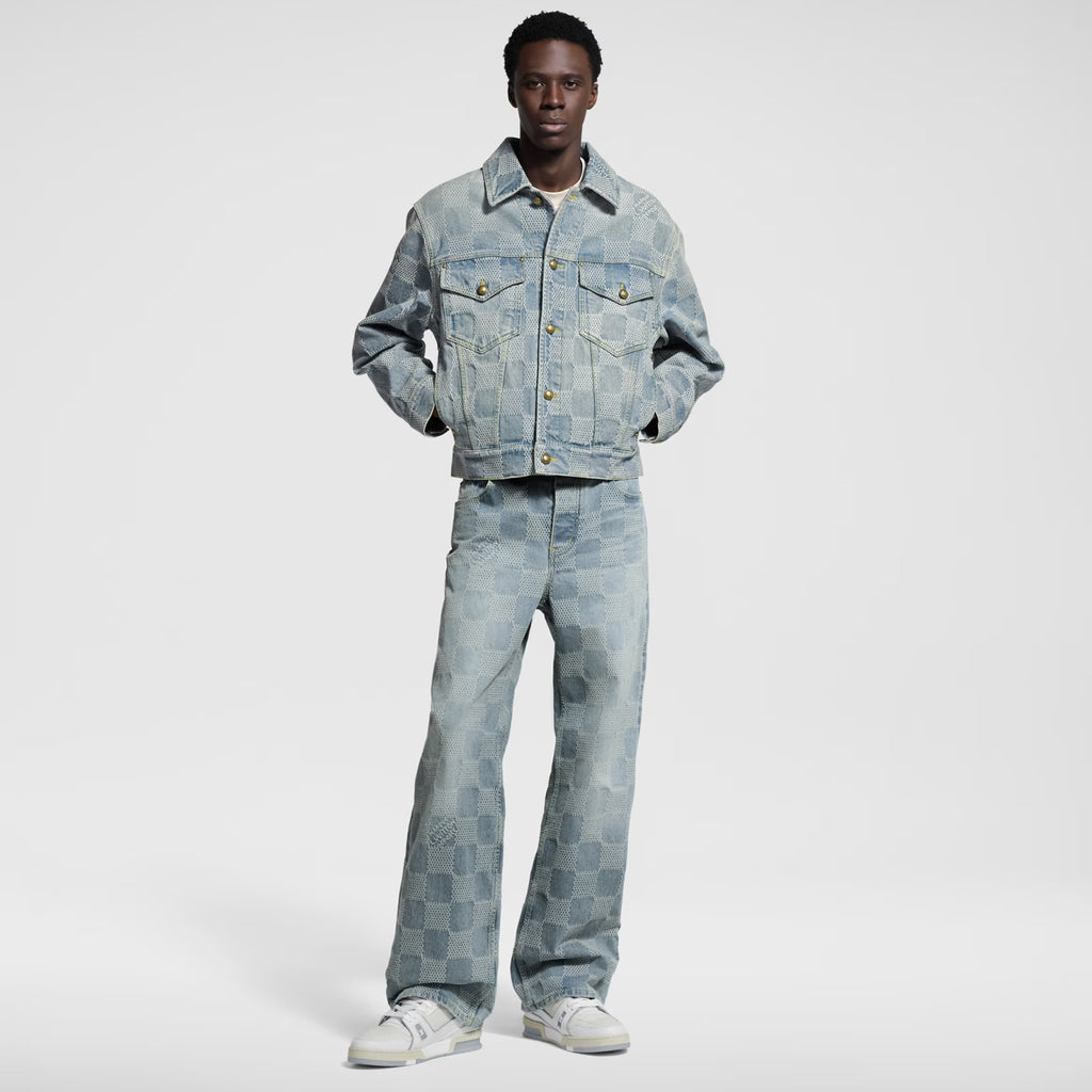 Louis Vuitton Men's Spring And Fall Checkerboard Print Single Breasted Long Sleeved Denim Jacket Button Jeans Pants Suit Set #75884