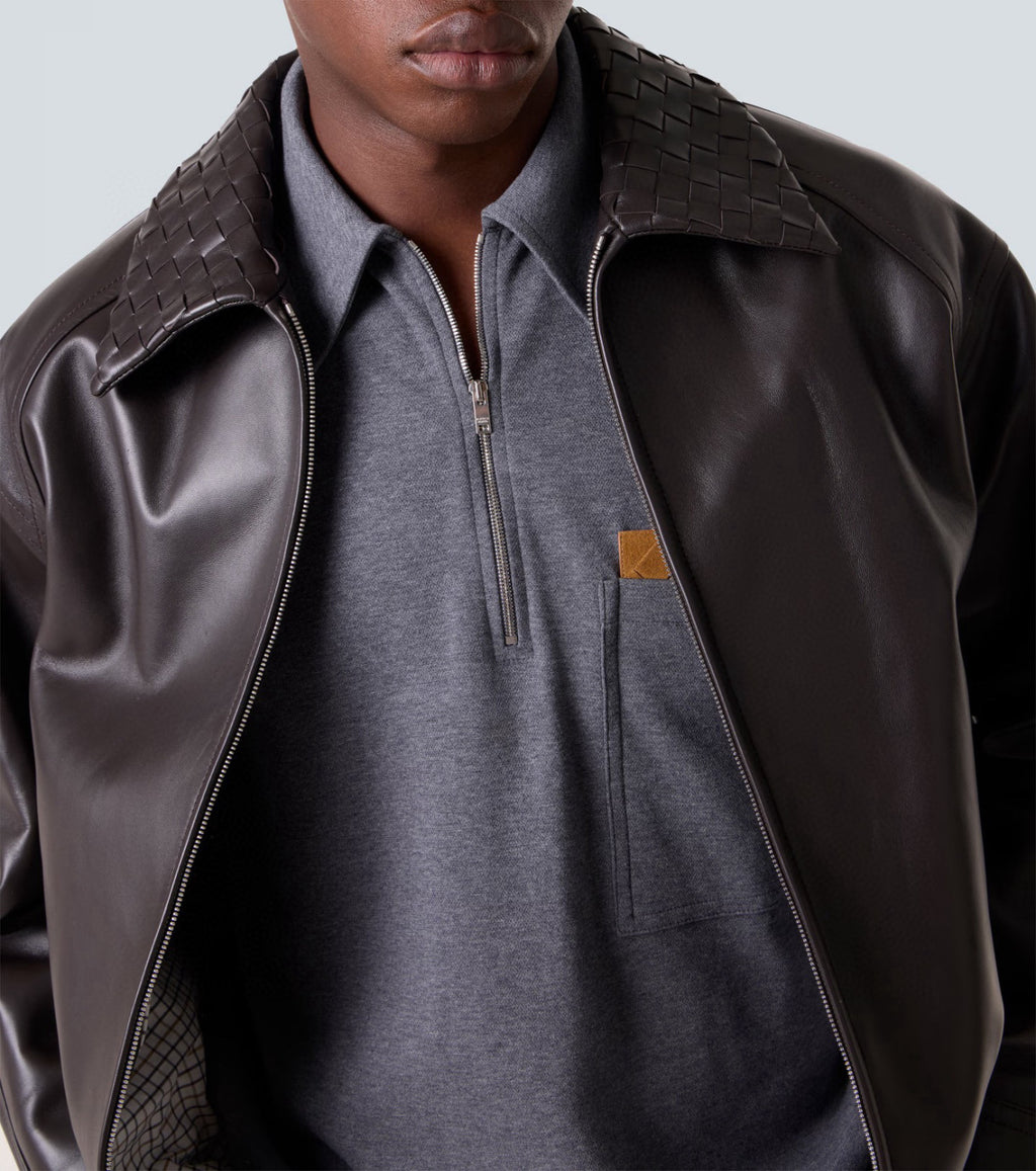 Bottega Veneta Men's Fall And Winter Woven Leather Collar Zipper Leather Jacket Business Casual Fashion Luxury Leather Jacket Coat Ngvp #2484