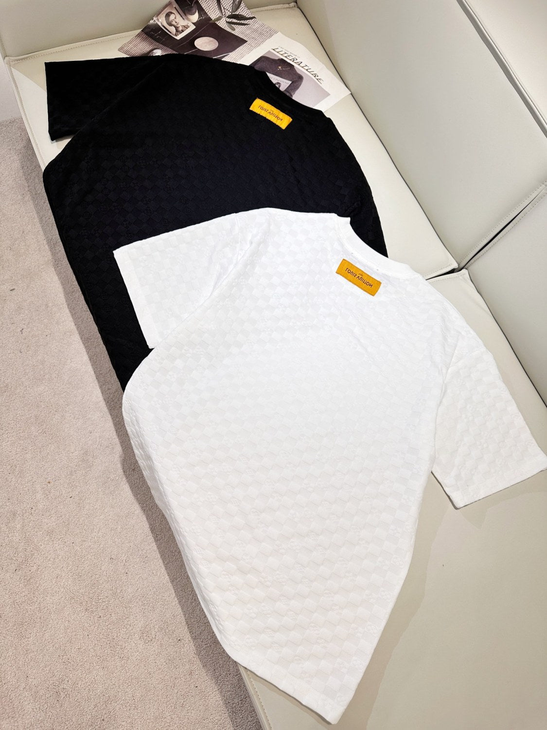 Louis Vuitton Men's and Women's Summer Checkerboard Printed Cotton Round Neck Short Sleeve T-Shirt Drawstring Tie Shorts Set Suit #99646