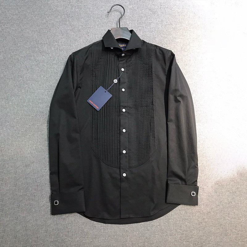 Louis Vuitton Men's All Seasons Solid Color Flip Leader Button Pleated Shirt Formal Long Sleeve Shirt Black White Ngvp #7614