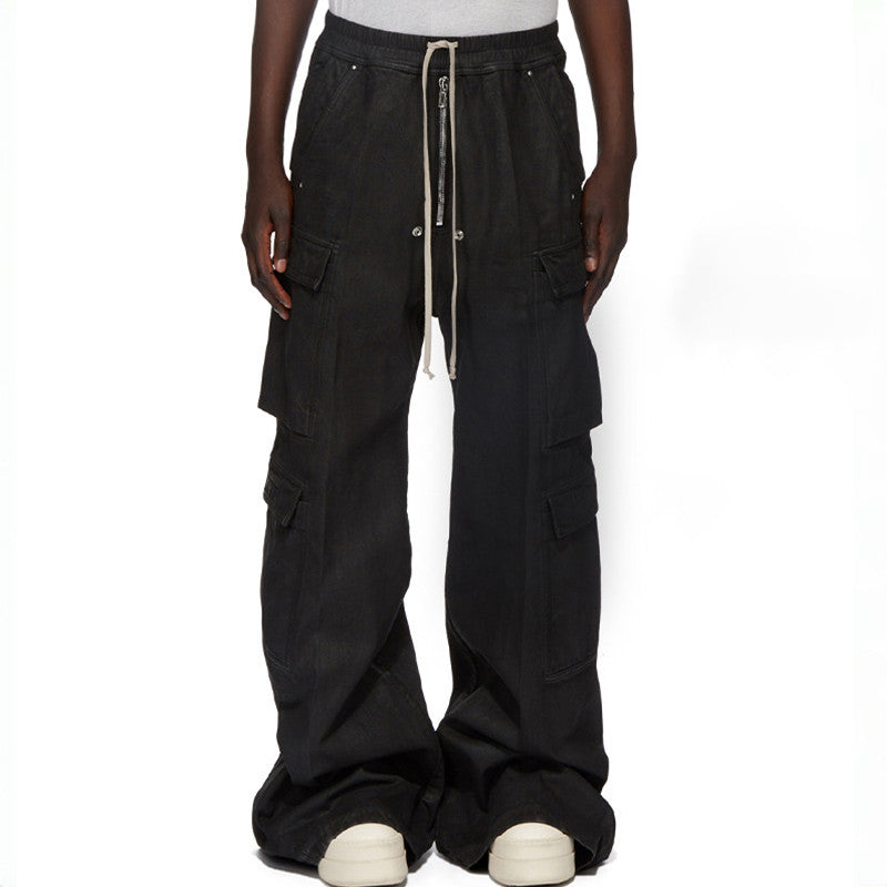 Rick Owens Men's High Street Four Seasons Batik Solid Color Stretch Lace-Up Workwear Flared Pants Casual Denim Trousers Pants Ngvp #1772