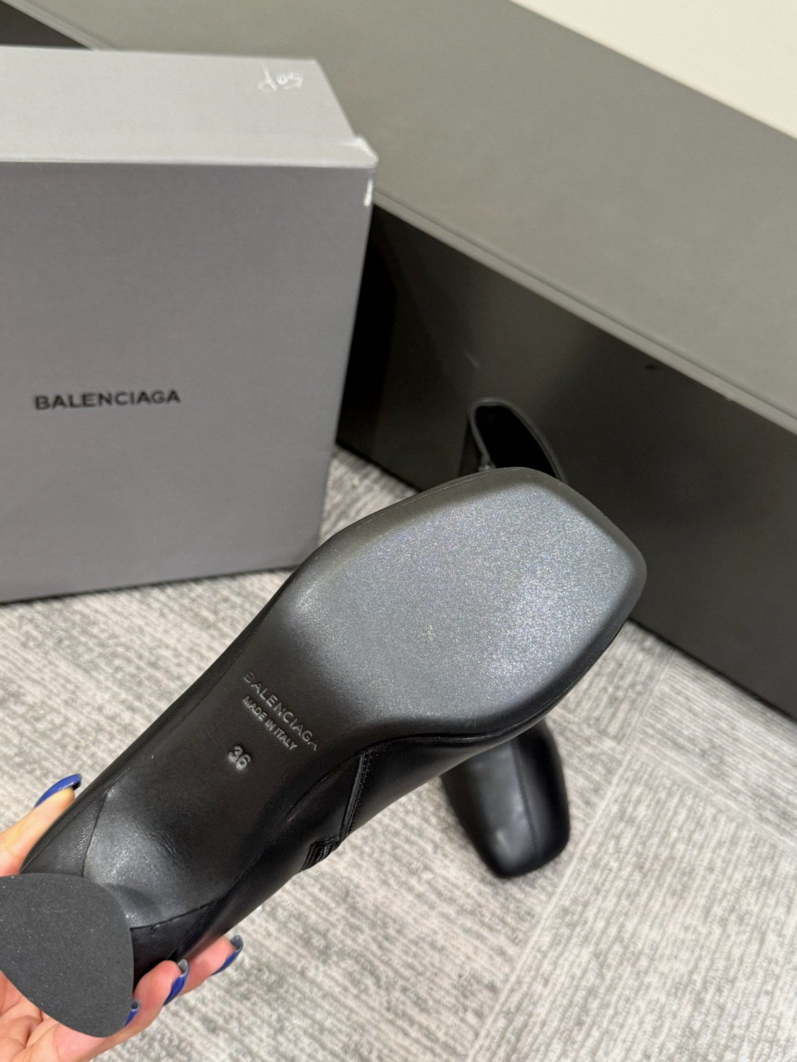Balenciaga DUTY FREE Women's Solid Color Letter Print Cowhide Square Toe Chunky Heel Short Boots Shoes #77869
