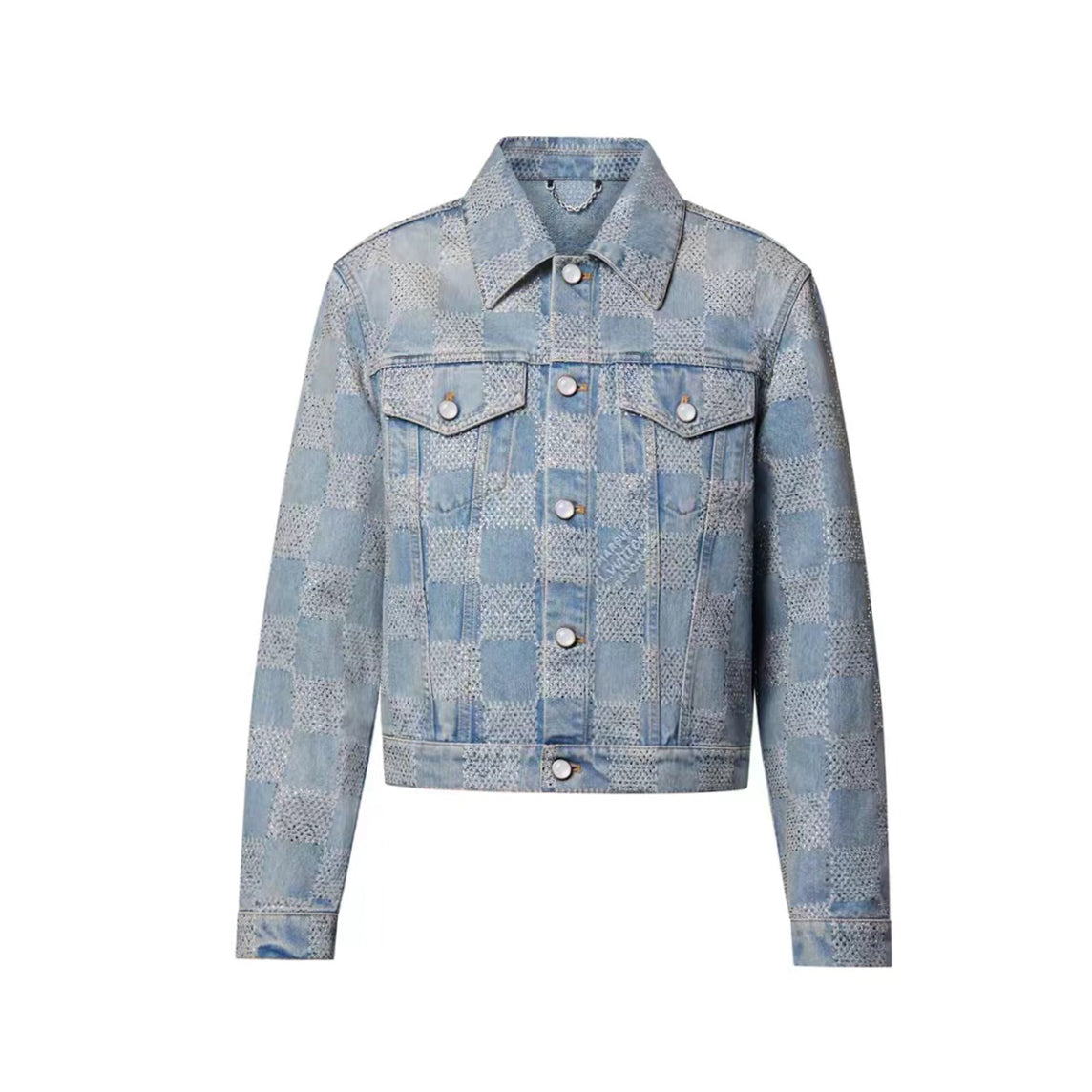 Louis Vuitton Men's Spring And Fall Jacquard Single-Breasted Lapel Long-Sleeved Faux Crystal Damier Denim Jacket Plaid Printed Straight Denim Pants Ngvp #9383