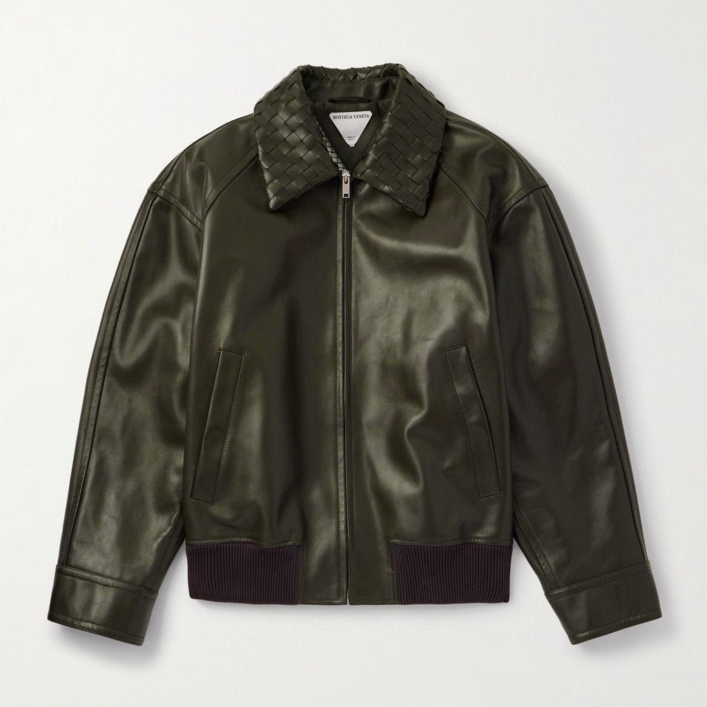 Bottega Veneta Men's Fall And Winter Woven Leather Collar Zipper Leather Jacket Business Casual Fashion Luxury Leather Jacket Coat Ngvp #2484