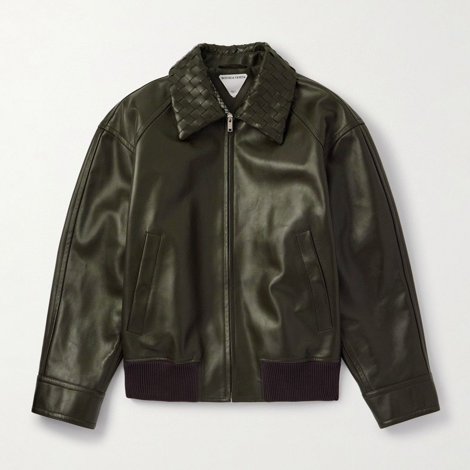 Bottega Veneta Men's Fall And Winter Woven Leather Collar Zipper Leather Jacket Business Casual Fashion Luxury Leather Jacket Coat Ngvp #2484