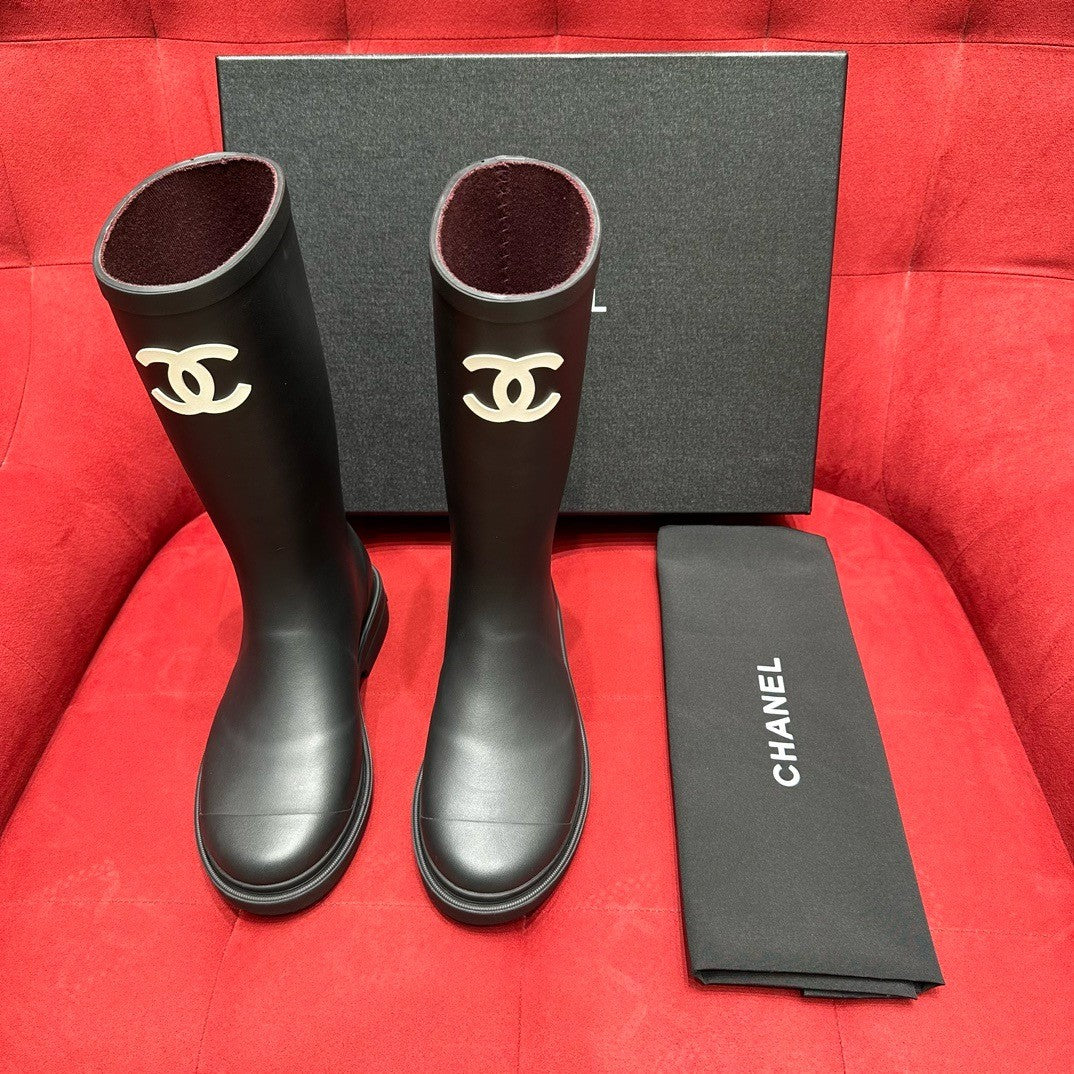 Chanel 25S Fashion Overalls Tall Boots Women's Beige Anti-Slip Rain Boots #332426