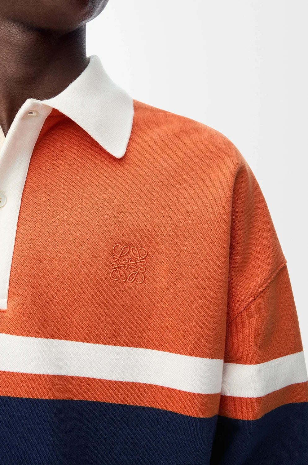 LOEWE FW25 Men's Cotton Horizontal Striped Logo Embroidered Long-Sleeved Polo Shirt #332269
