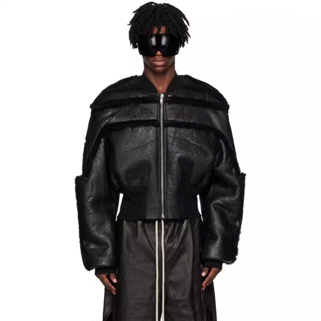 Rick Owens Ro Fur One Autumn And Winter New Fashion Splicing Leather Jacket Coat High Street Trend Hip Hop Dark Style Warm Coat Ngvp #9719