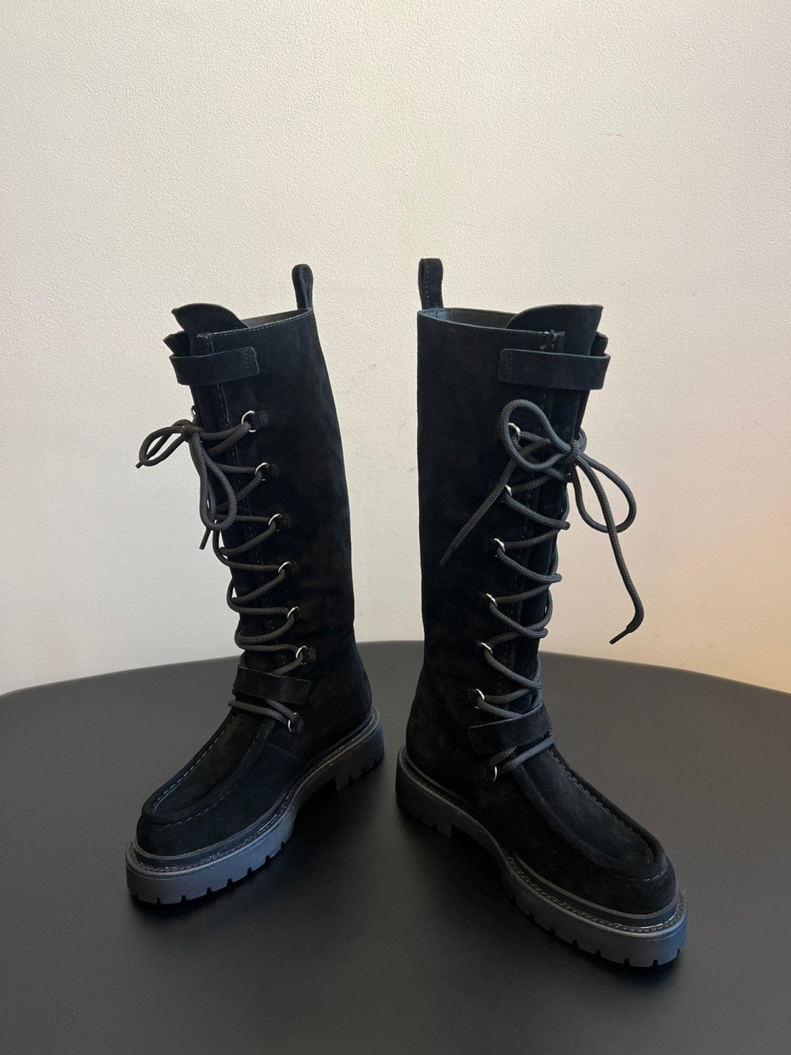 Hermes Women's Fall/Winter Cowhide Suede Lace-Up Knee-High Boots Solid-Color Buckle Casual Shoes Riding Boots Ngvp #2327