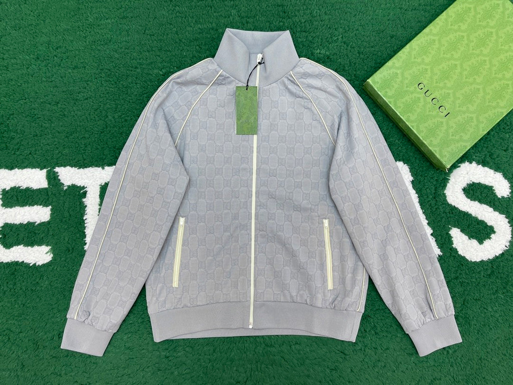 Gucci Men's Spring and Autumn Gray Letter Logo Full Print Zipper Long Sleeve Jacket Drawstring Tie Sweatpants Pants Suit Set #72978