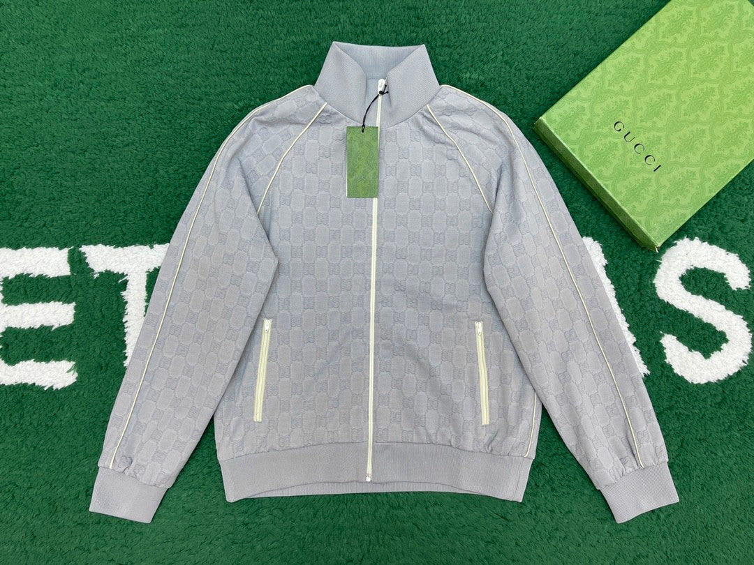 Gucci Men's Spring and Autumn Gray Letter Logo Full Print Zipper Long Sleeve Jacket Drawstring Tie Sweatpants Pants Suit Set #72978