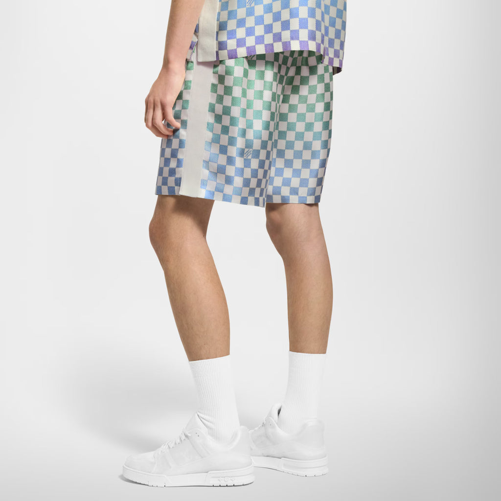 Louis Vuitton Men's Spring/Summer Damier Gradient Printed Mulberry Silk Short Sleeve Polo Shirt Casual Elastic Waist Shorts #81171