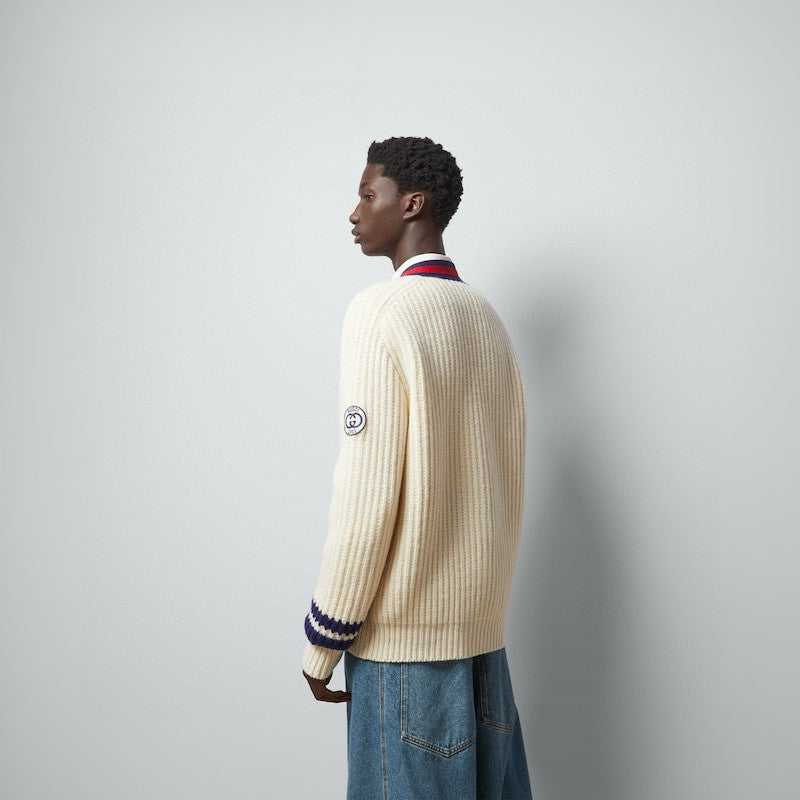 Gucci Men's Beige Colour Block Stripe V-Neck Single Breasted Long Sleeve Knitted Cardigan #97871