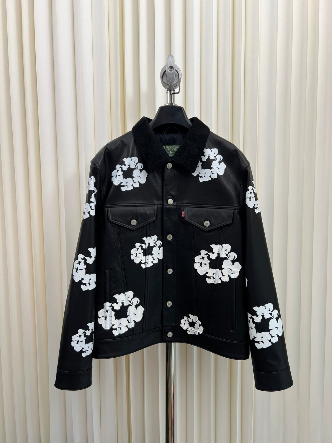 Denim Tears x Levi's Men's and Women's Autumn and Winter Black Leather Cotton Loop Logo Printed Lapel Single Breasted Long Sleeve Jacket Mid Calf Casual Pants Suit Set #74881