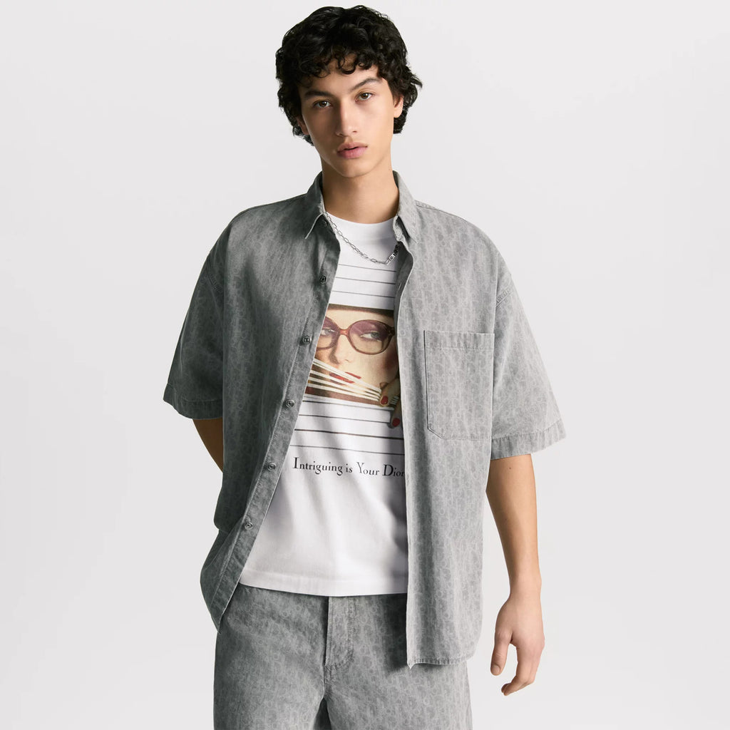 Dior Men's Spring Summer Grey Cotton Denim Oblique Printed Lapel Single Breasted Shirt Denim Straight Wide Leg Shorts Set Suit  #81256