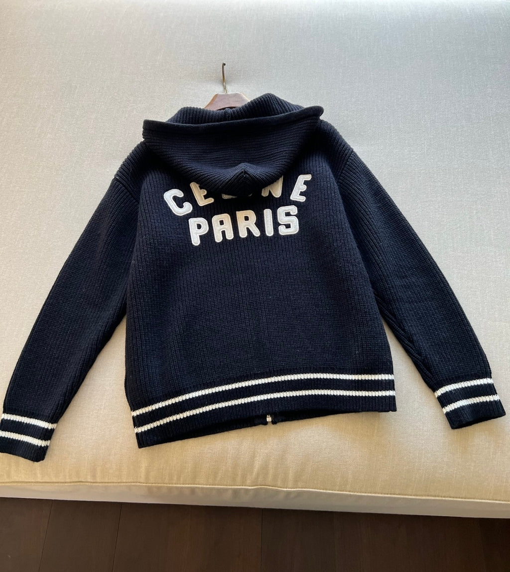 Celine Men's Spring and Autumn Solid Color Knit Hooded Drawstring Zipper Long Sleeve Jacket #75345