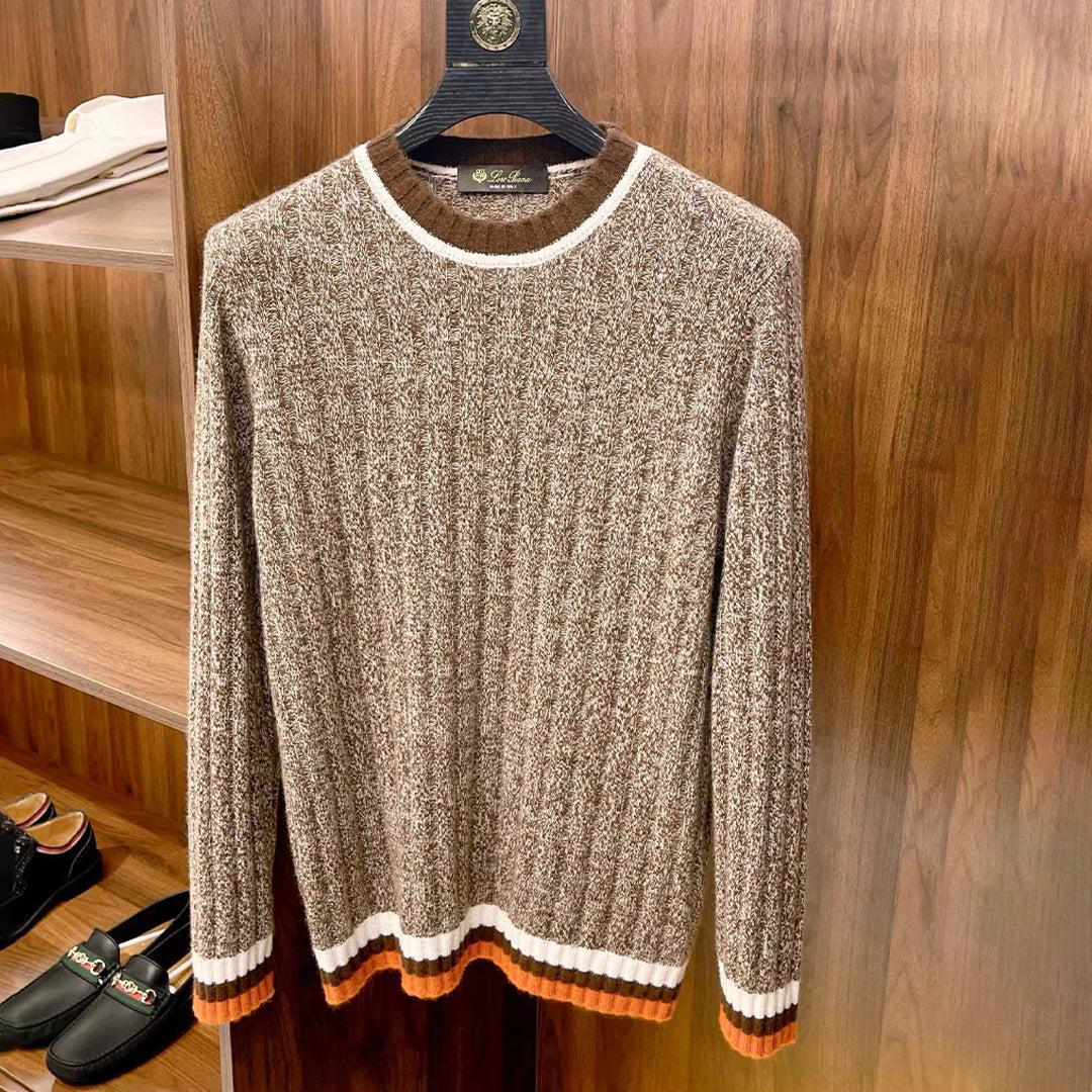 Loro Piana Men's Spring & Autumn Fashion Stripe Color Blocking Long Sleeve Knit Sweater Fit Cashmere Crew Neck Sweater Ngvp #9475