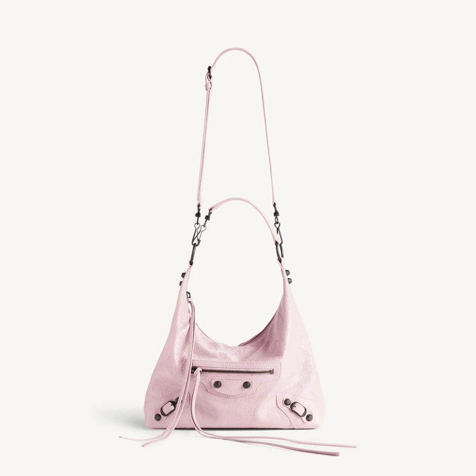 Balenciaga Women's Le City Hobo Bag Small Light Pink Fashionable New Retro Studded Motorcycle Bags #82614A