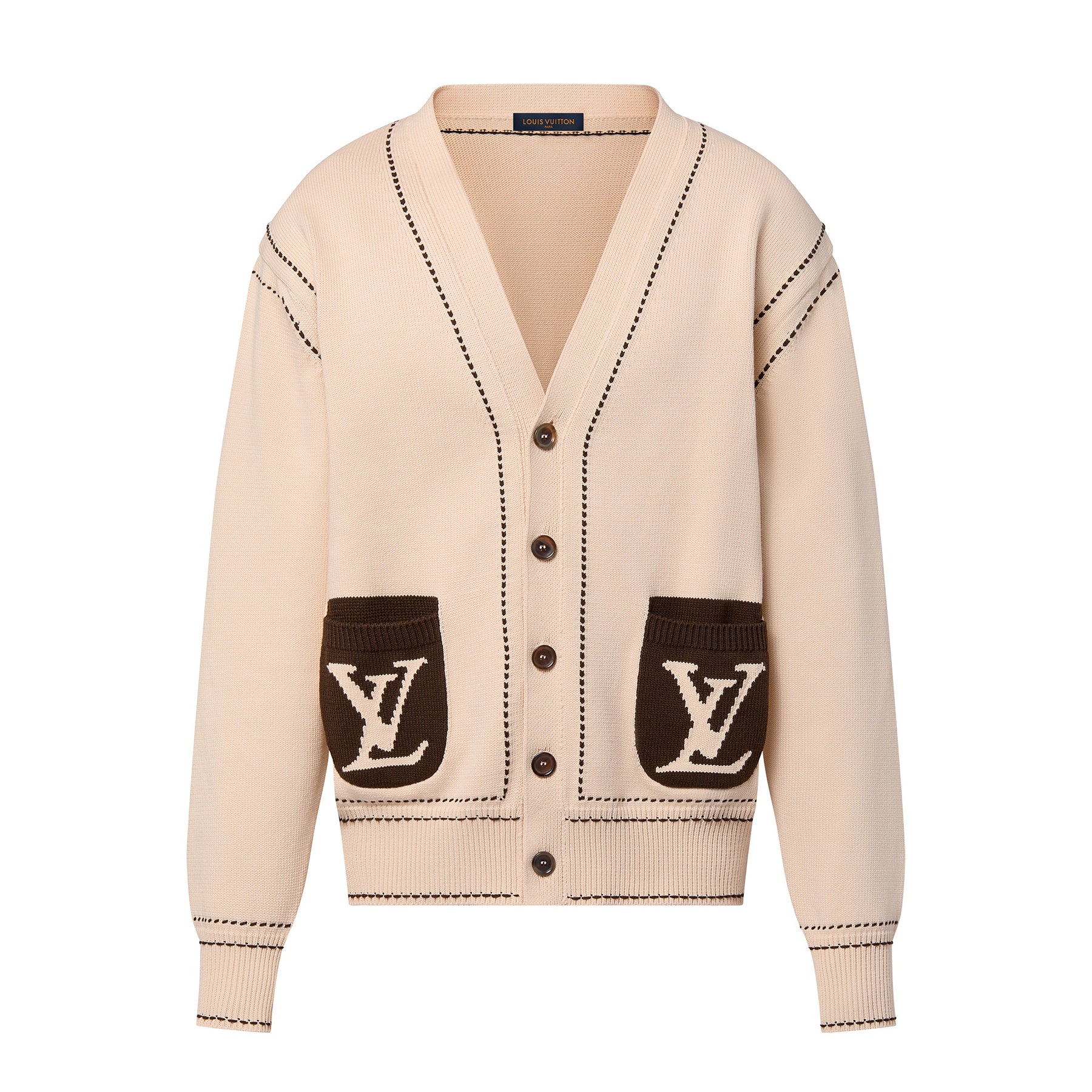 Louis Vuitton Men's Spring & Autumn Cream Logo Letter Applique Single Breasted V-Neck Long Sleeve Knit Shirt #72477