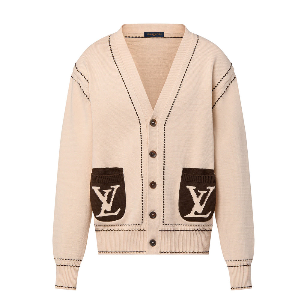 Louis Vuitton Men's Spring & Autumn Cream Logo Letter Applique Single Breasted V-Neck Long Sleeve Knit Shirt #72477