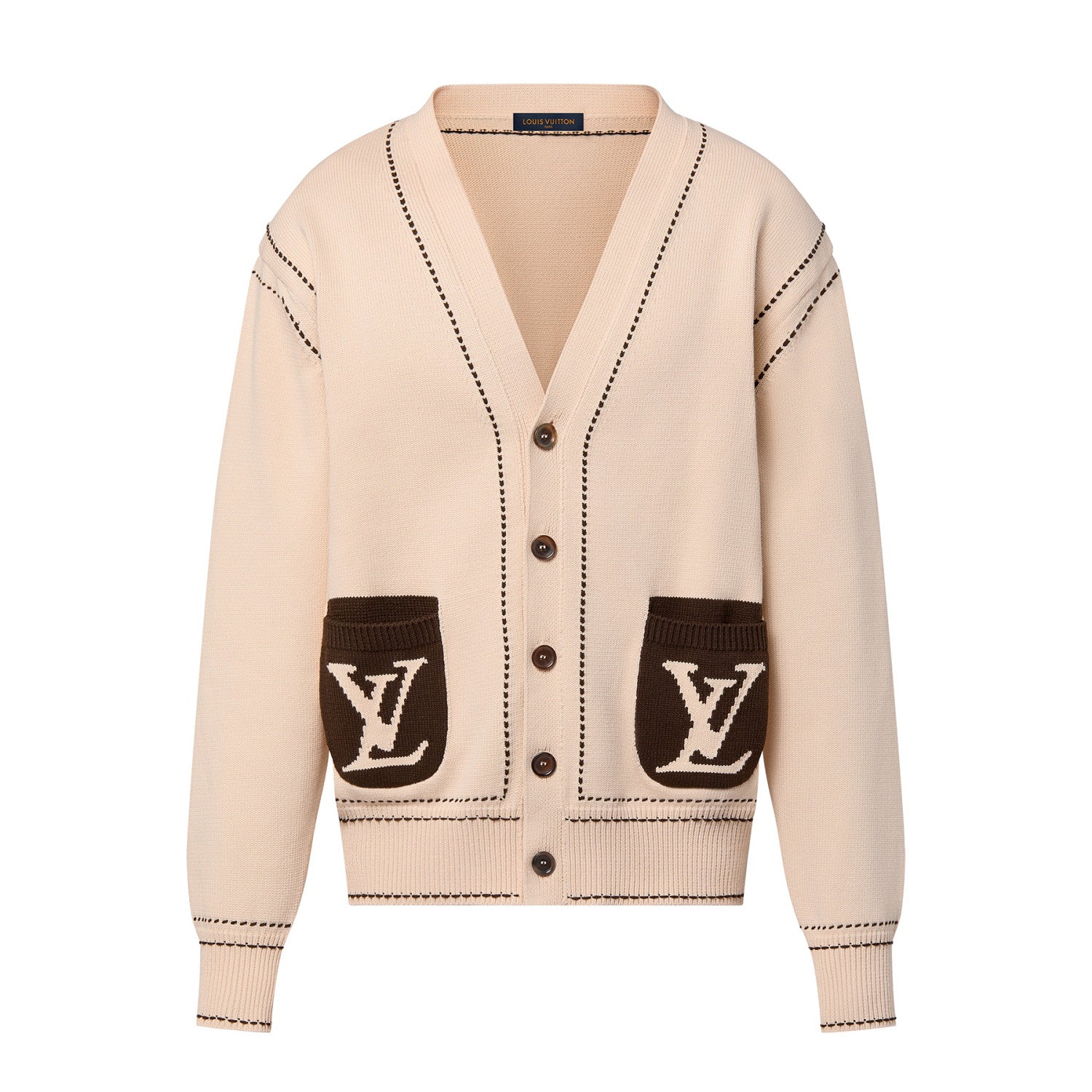 Louis Vuitton Men's Spring & Autumn Cream Logo Letter Applique Single Breasted V-Neck Long Sleeve Knit Shirt #72477
