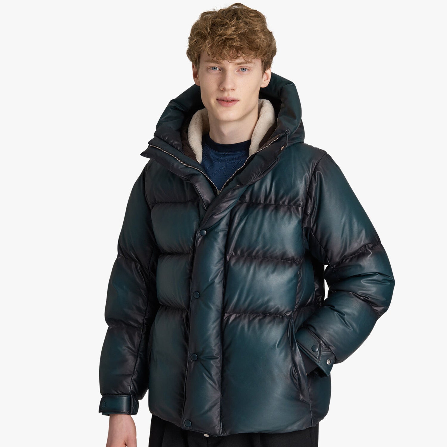 Berluti Men's Winter Solid Color Single Breasted Long Sleeve Hooded Leather Puffer Down Jacket Ngvp #7215