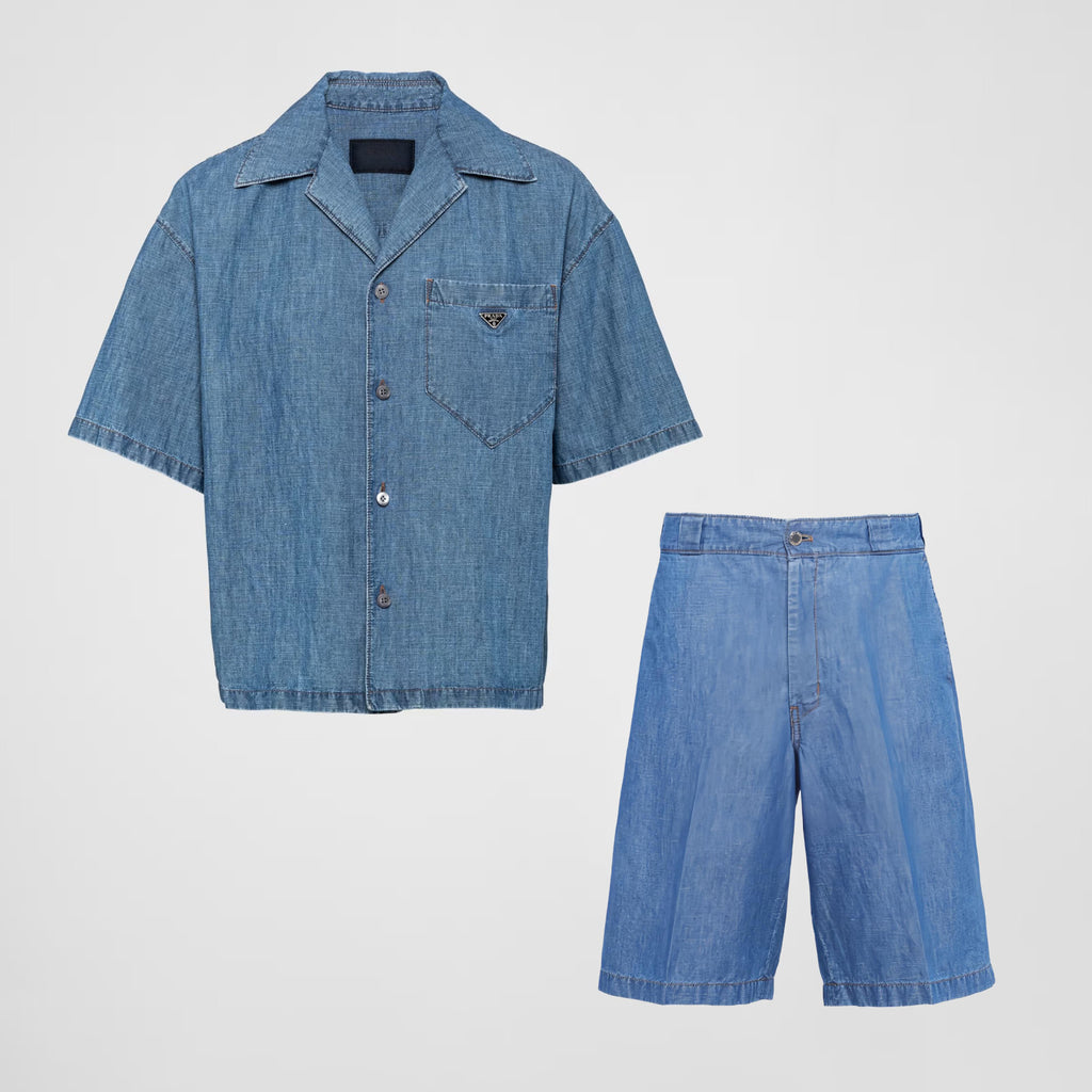 Prada Men's Summer Blue Lapel Single Breasted Short Sleeve Denim Shirt Jacket Shorts Set Suit #98554