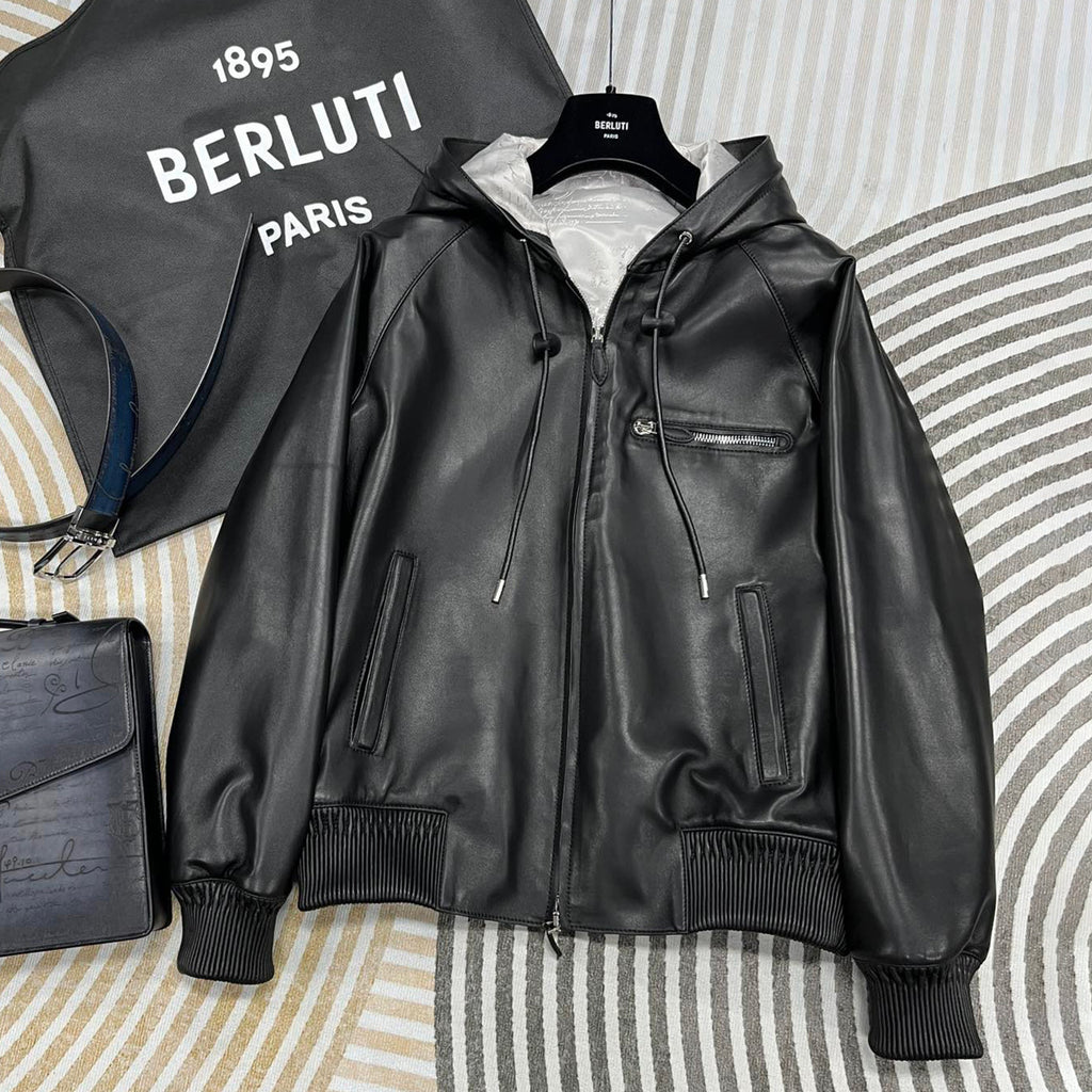 Berluti Men's Autumn And Winter Fashion Solid Color Sheepskin Zipper Long Sleeve Casual Alternative Hooded Leather Jacket Ngvp #9183