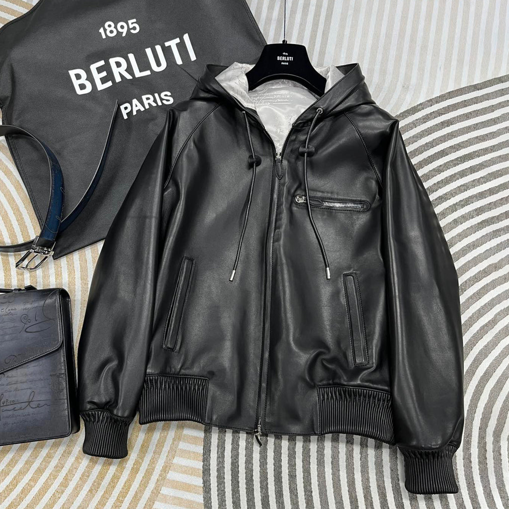 Berluti Men's Autumn And Winter Fashion Solid Color Sheepskin Zipper Long Sleeve Casual Alternative Hooded Leather Jacket Ngvp #9183