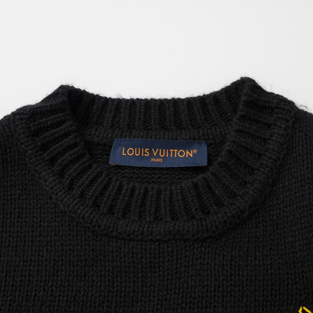 Louis Vuitton Men's Autumn and Winter Black Embroidered Letter Logo Tool Pattern Round Neck Long Sleeve Sweater Pullover #73158