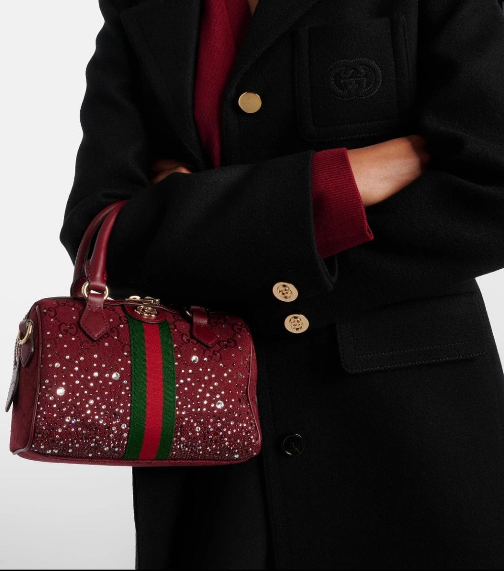 Gucci Ophidia Collection Crystal-embellished Mini Boston Bag Fashion Striped Satin Ribbon Gold-tone Hardware Clutch Bag Crossbody Bags #193419