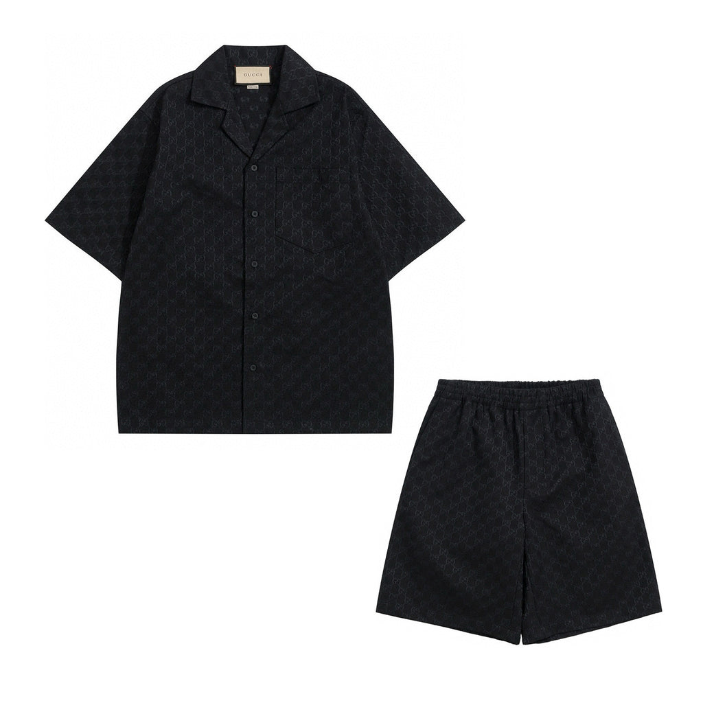 Gucci Men's Summer Black Full Printed Linen Short Sleeve Lapel Cotton Shirt Stretch Shorts Suit Set #98562