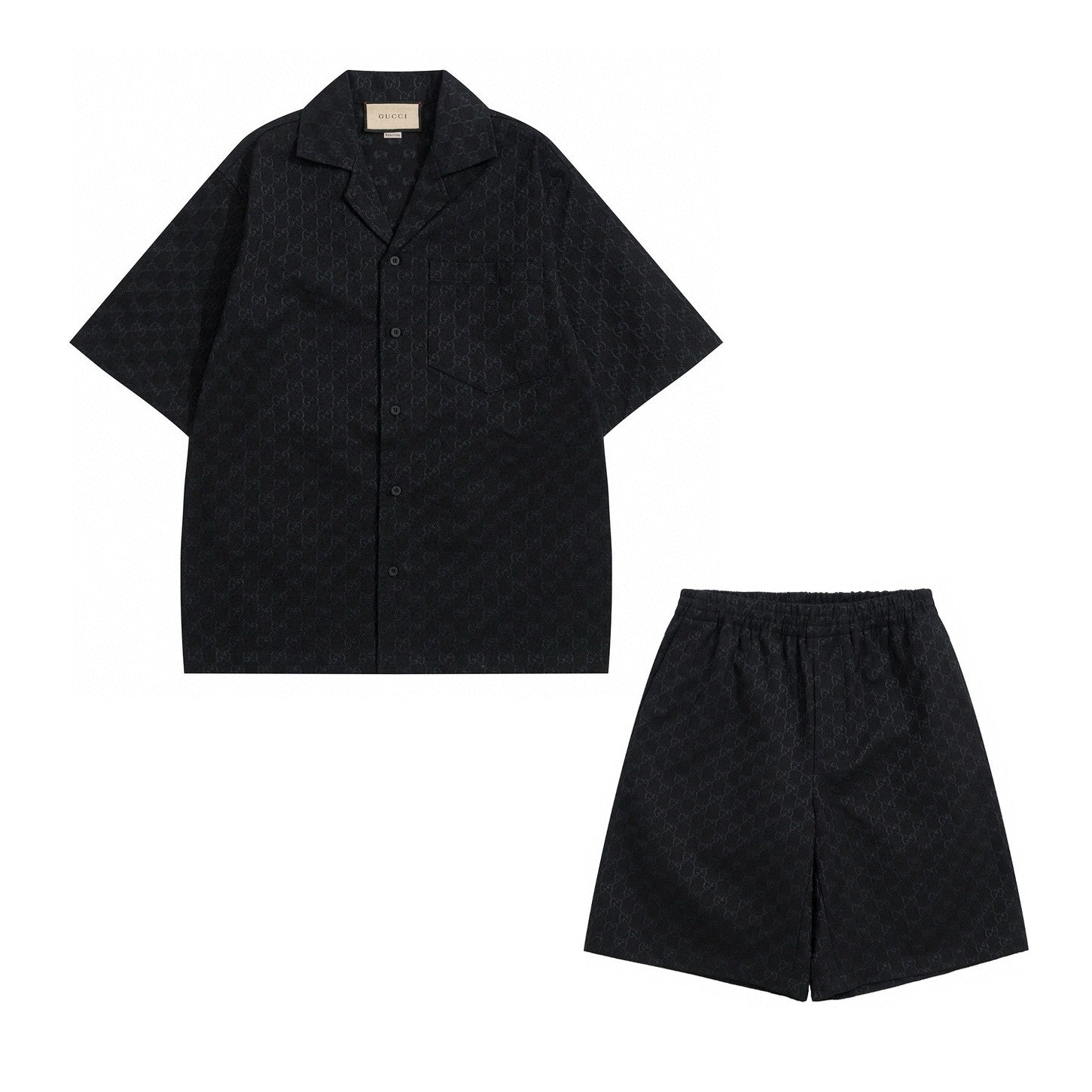 Gucci Men's Summer Black Full Printed Linen Short Sleeve Lapel Cotton Shirt Stretch Shorts Suit Set #98562