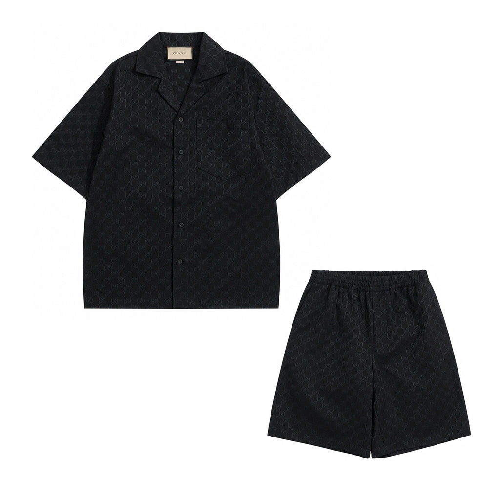 Gucci Men's Summer Black Full Printed Linen Short Sleeve Lapel Cotton Shirt Stretch Shorts Suit Set #98562