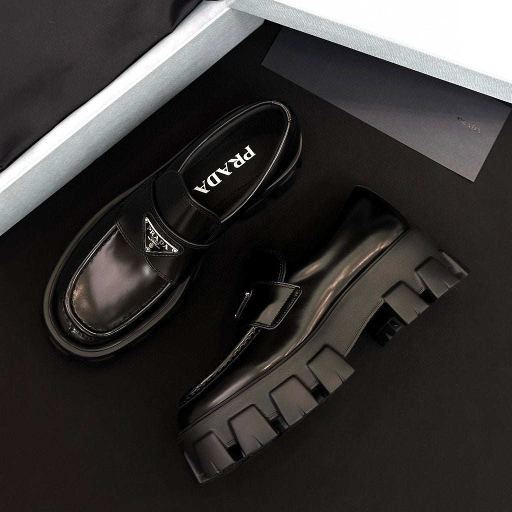 Prada Women's Spring/Fall Fashion Classic Round Toe Lace Up Slip On Triangle Logo Emblem Leather Chunky Sole Loafers Shoes #78529