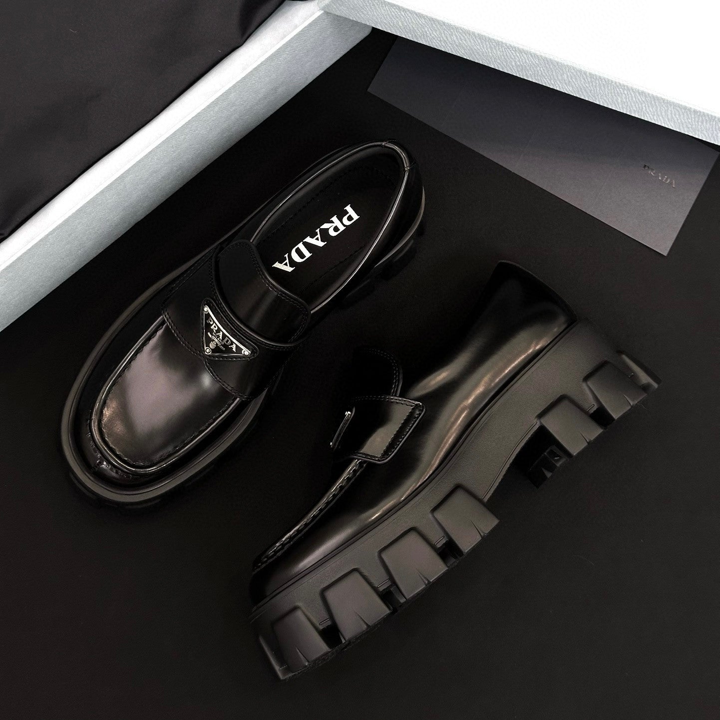 Prada Women's Spring/Fall Fashion Classic Round Toe Lace Up Slip On Triangle Logo Emblem Leather Chunky Sole Loafers Shoes #78529