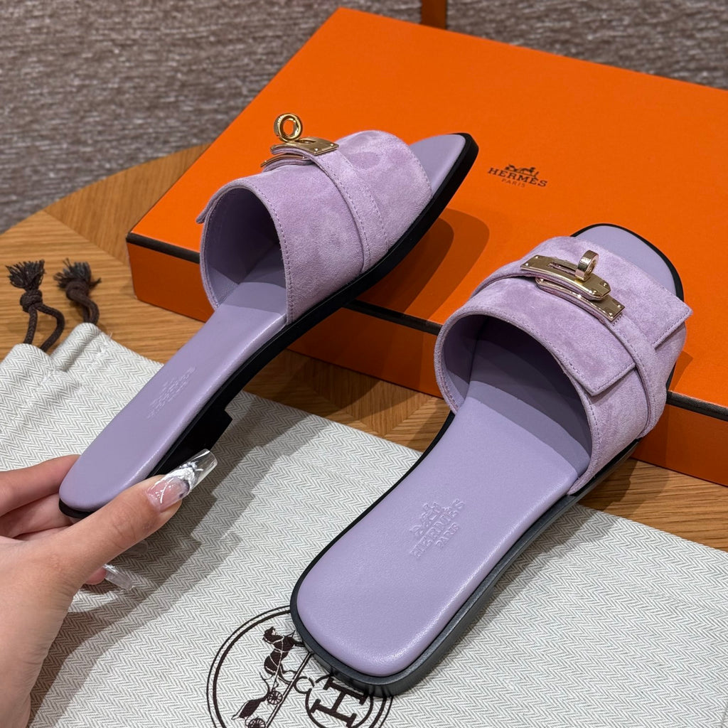 Hermes Giulia Women's Summer Solid Color Metal Buckle Round Toe Suede Leather Sandals Slippers Shoes #77667