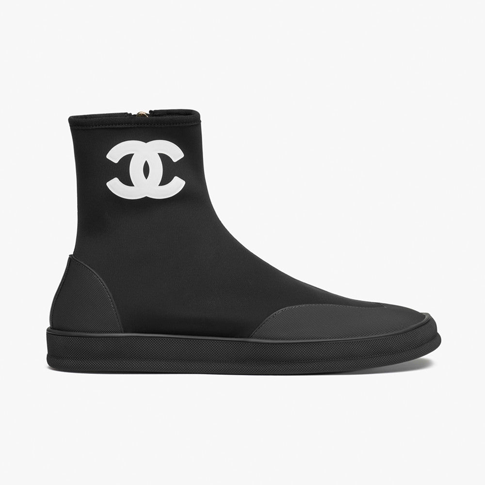 CHANEL Short Boots Mixed Fibers Rubber Beige Black #387573