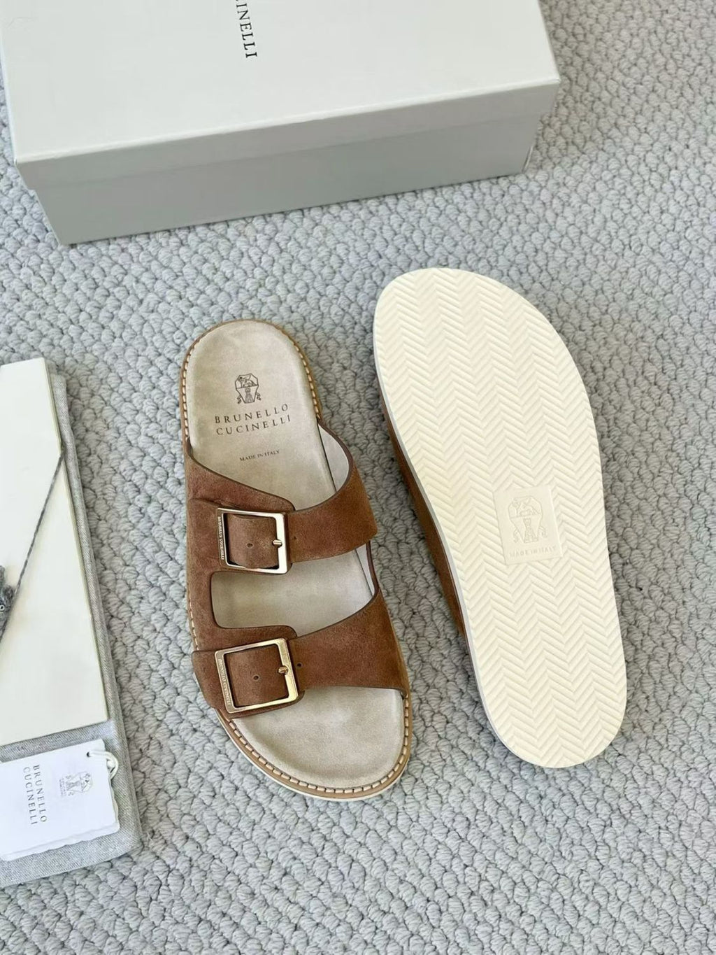 Brunello Cucinelli Suede slides with buckles for Man in Hazelnut