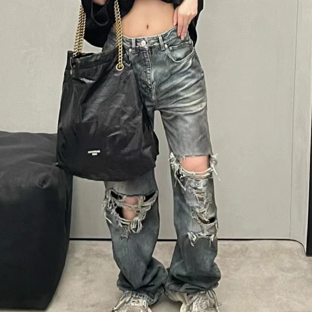 Balenciaga Men's And Women's Spring/Fall Fashion Casual Washed Distressed Relaxed Fit Ripped Jeans Pants #78978