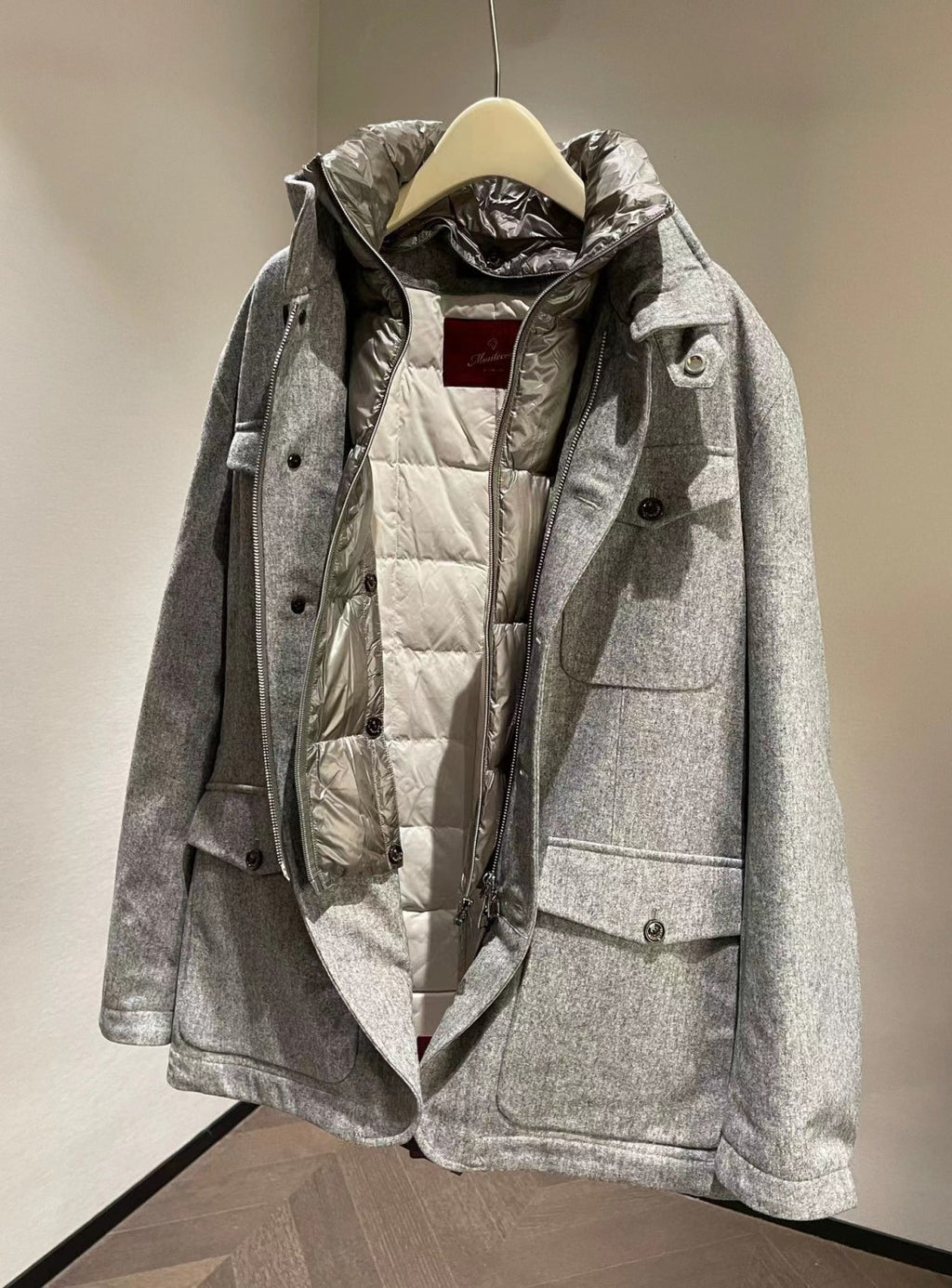 Montecore X Loro Piana Rain System Men's Winter Wool Tweed Fabric Hidden Hooded Puffer Down Jacket #97595