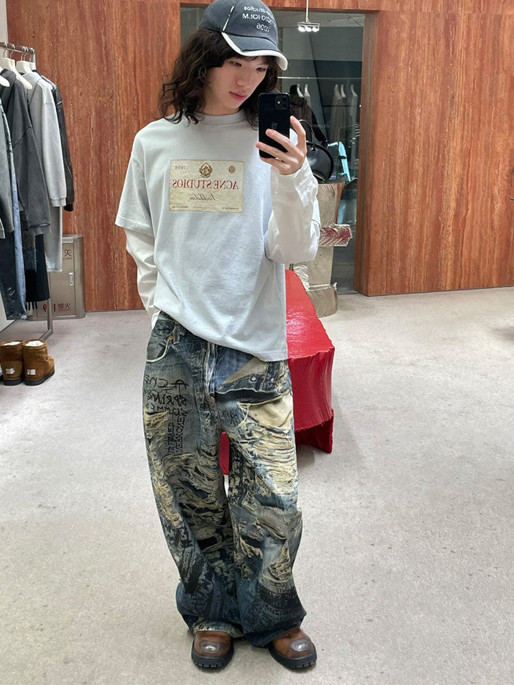 Acne Studios Men's Spring And Summer Ripped Graffiti Mise-en-scène Effect Print Denim Pants Super Loose Fit Jeans Fashion High Street Casual Blue Straight Trousers Ngvp #1186