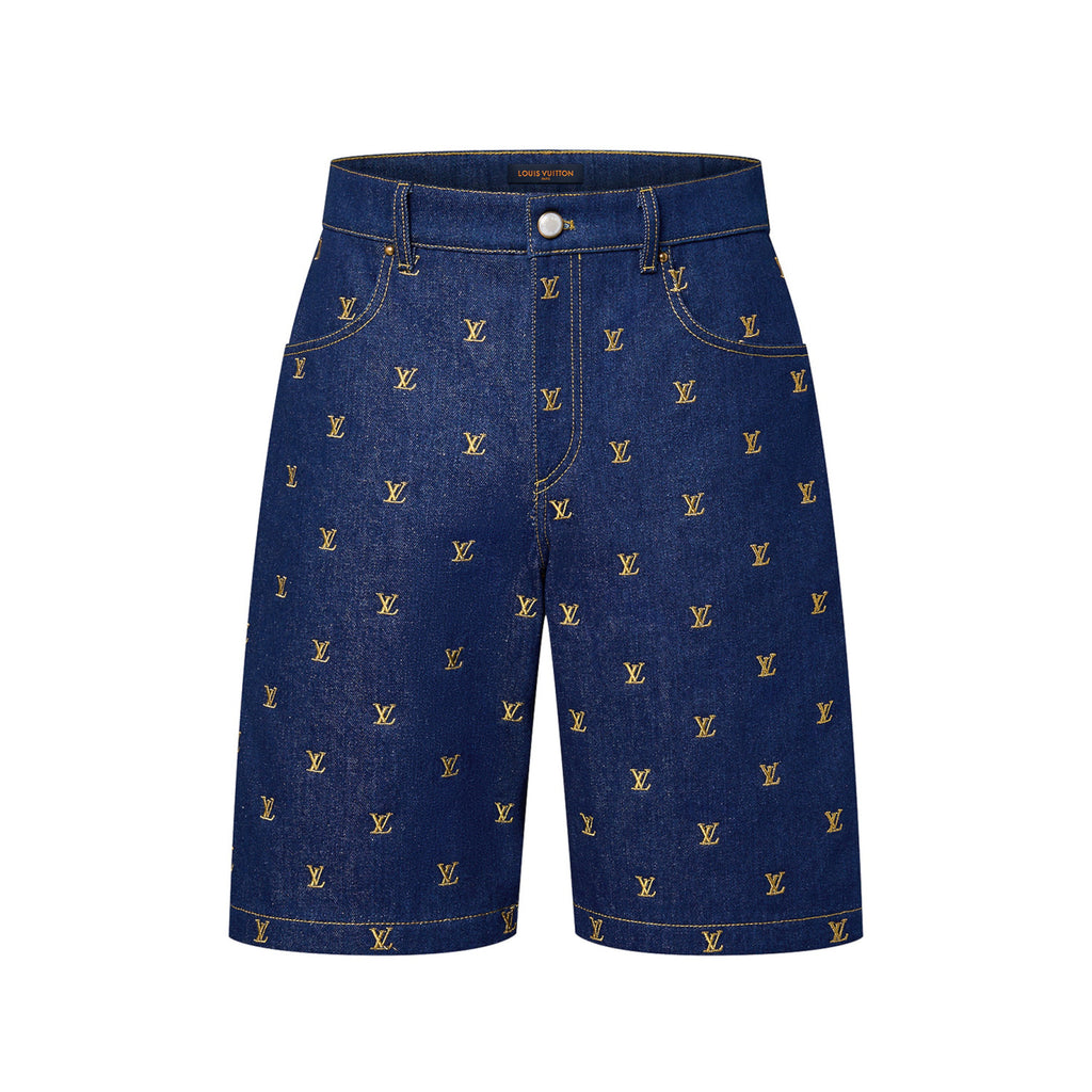 Louis Vuitton Men's Summer Logo Embroidery Blue Single Breasted Lapel Denim Short Sleeve Shirt Shorts Set Suit #98741