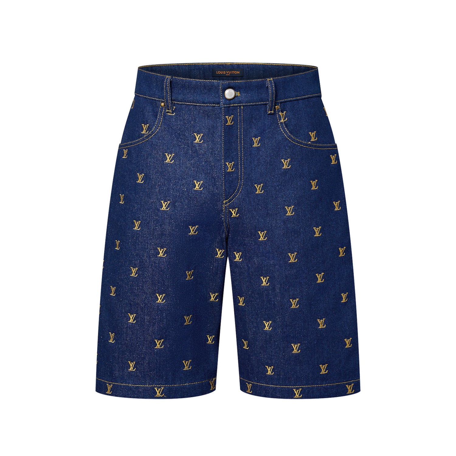 Louis Vuitton Men's Summer Logo Embroidery Blue Single Breasted Lapel Denim Short Sleeve Shirt Shorts Set Suit #98741