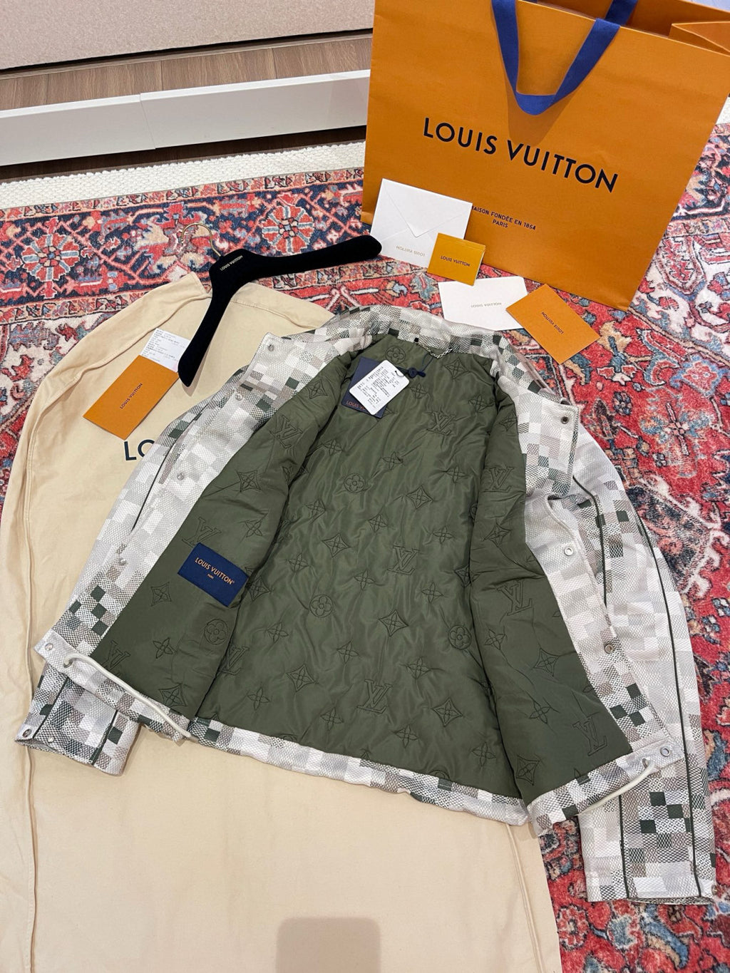 Louis Vuitton ï»?Men's Spring Graphic Coach Jacket Jacquard Drawstring Hem Long Sleeve Single Breasted Coat #71876