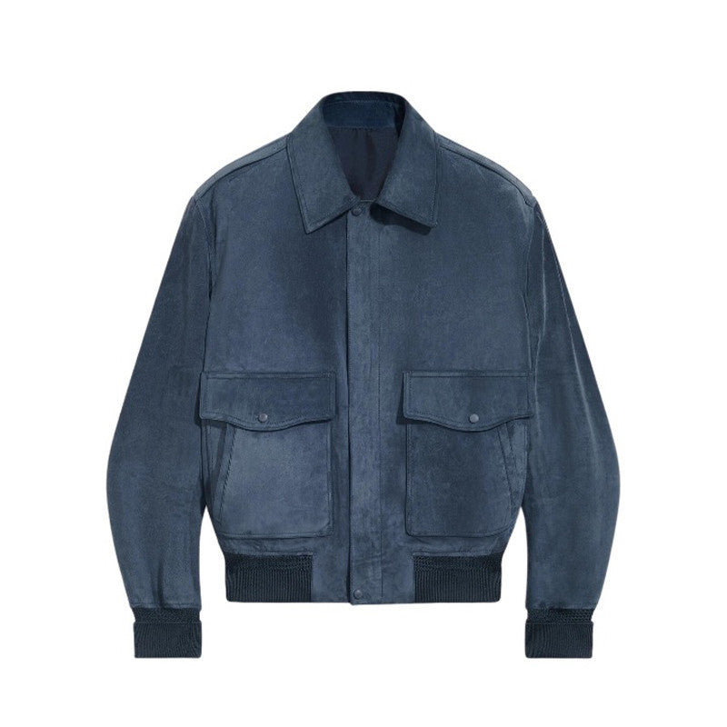 Berluti Men's Spring. Autumn And Winter Two-Way Zipper Solid Color Lapel Fit Long Sleeve Sheepskin Suede Aviator Jacket Ngvp #9449