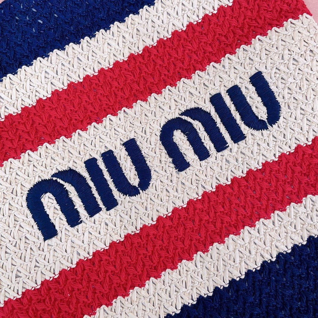 MiuMiu Women's Logo Embroidery Raffia Patchwork Cotton Thread Woven Shopping Bag Shoulder Tote Bags #76743