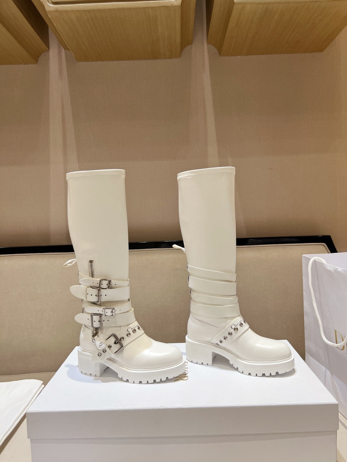 Dior D-Fight Women's Classic Trendy Round-Toe Zipper Chunky Heel Leather Knee-High Boots Shoes #78765