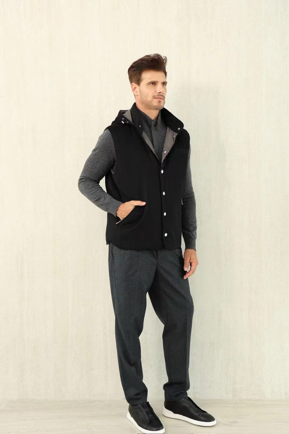 Brunello Cucinelli Men's Spring/Autumn Detachable Hooded Solid Color Single-Breasted Bonded Wool Flannel Down Vest Ngvp #2293